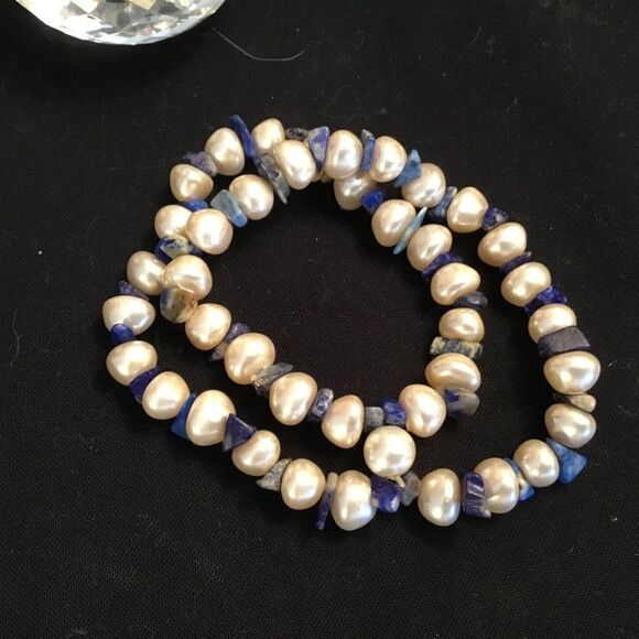Double Strand Faux Pearl and Sodalite Bracelet - Picture 2 of 3